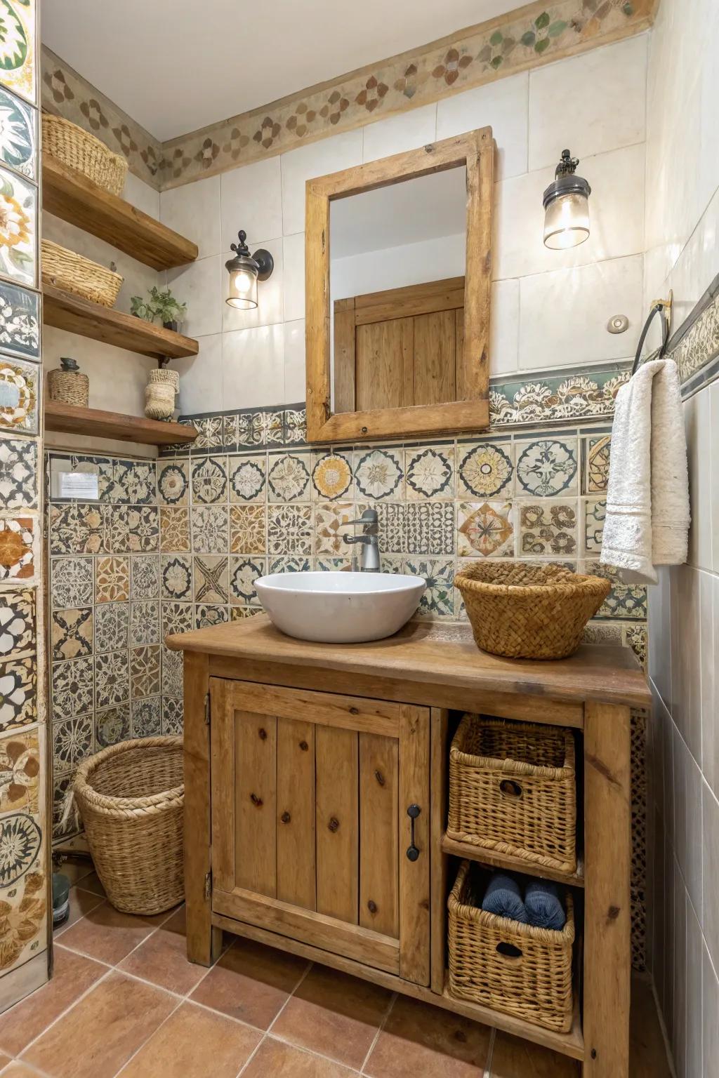 Wooden vanities provide warmth and complement earthy tones.