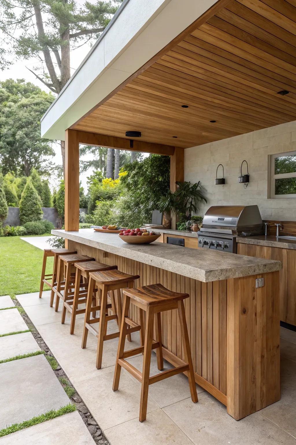 A cozy bar spot with stools invites relaxation and socializing in this outdoor kitchen.