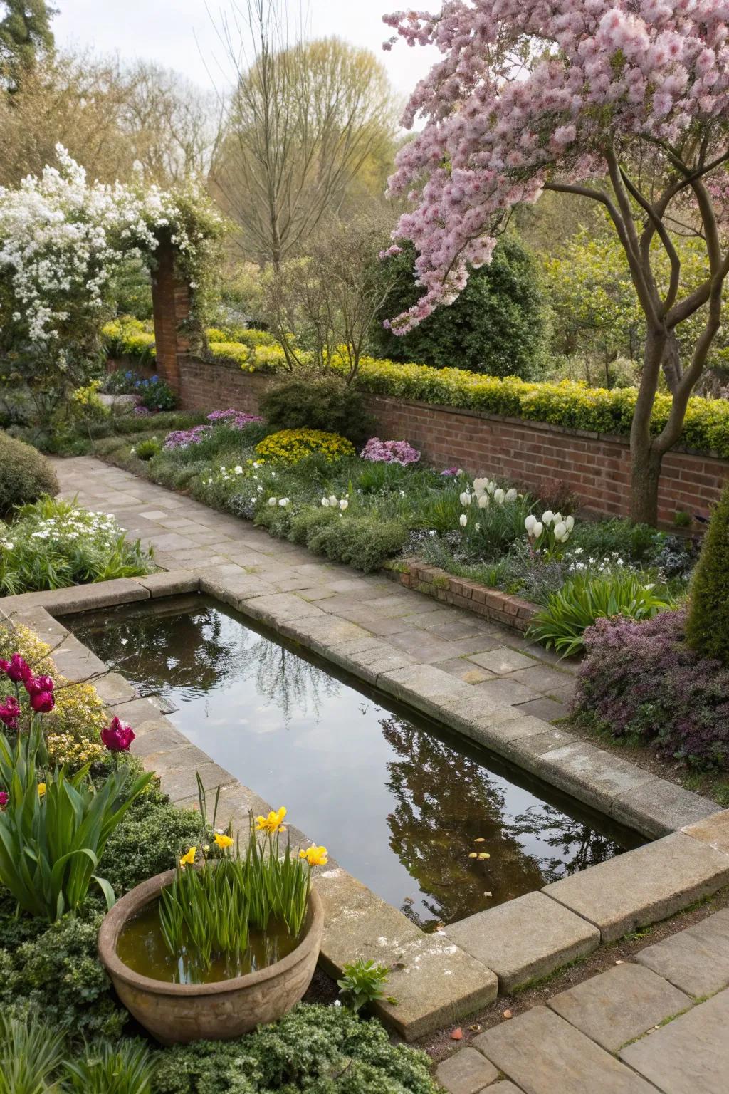 A mirror pond enhances garden borders with tranquility.