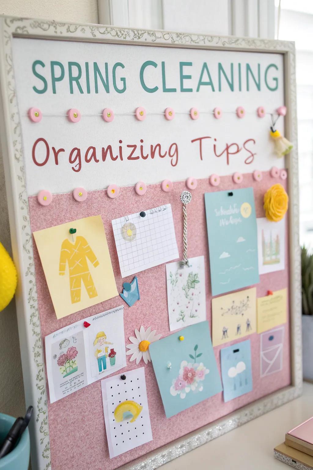 A bulletin board providing practical spring refreshing and decluttering guidance.