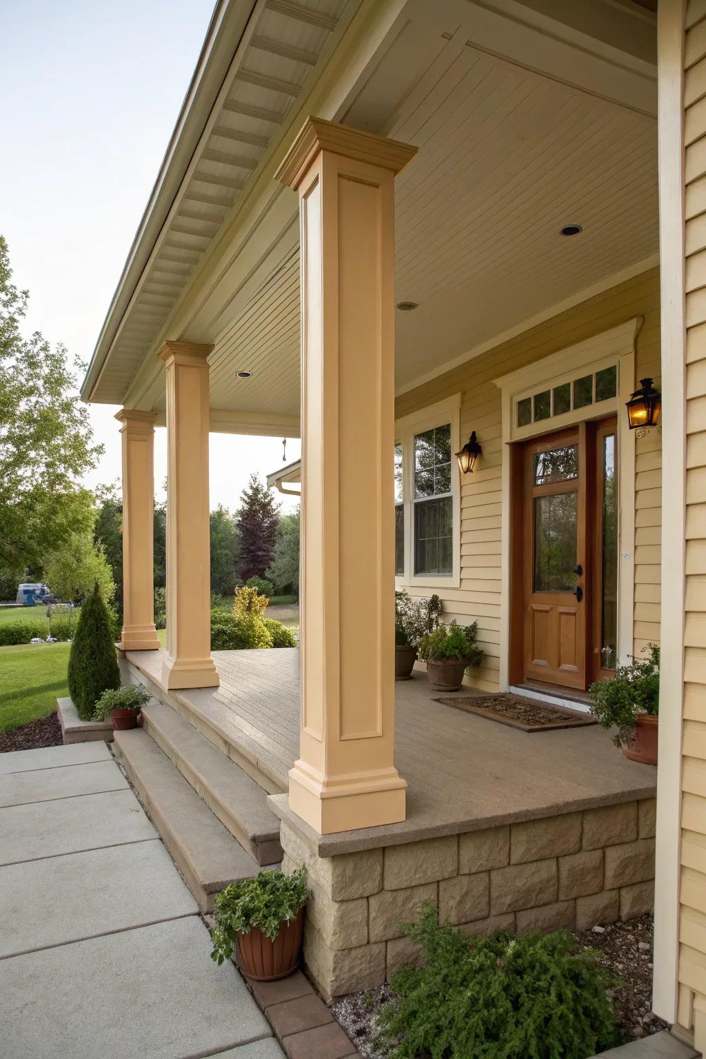 Coordinating hues create a seamless blend between upright posts and the house.