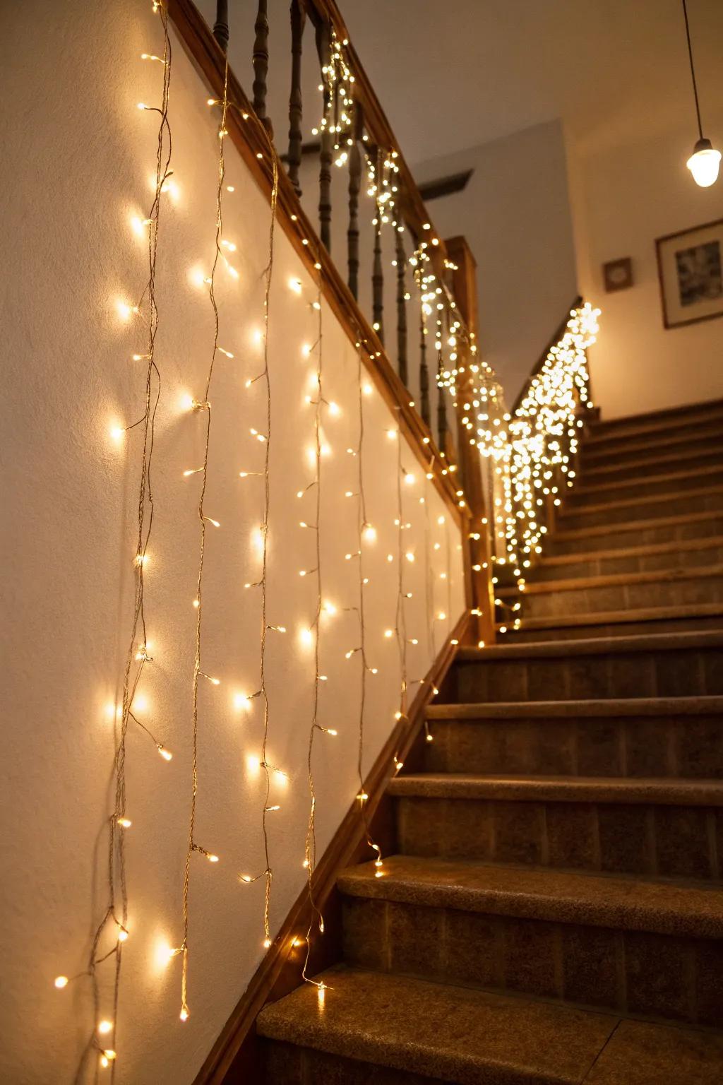 String illumination cultivates a snug, inviting ambiance.