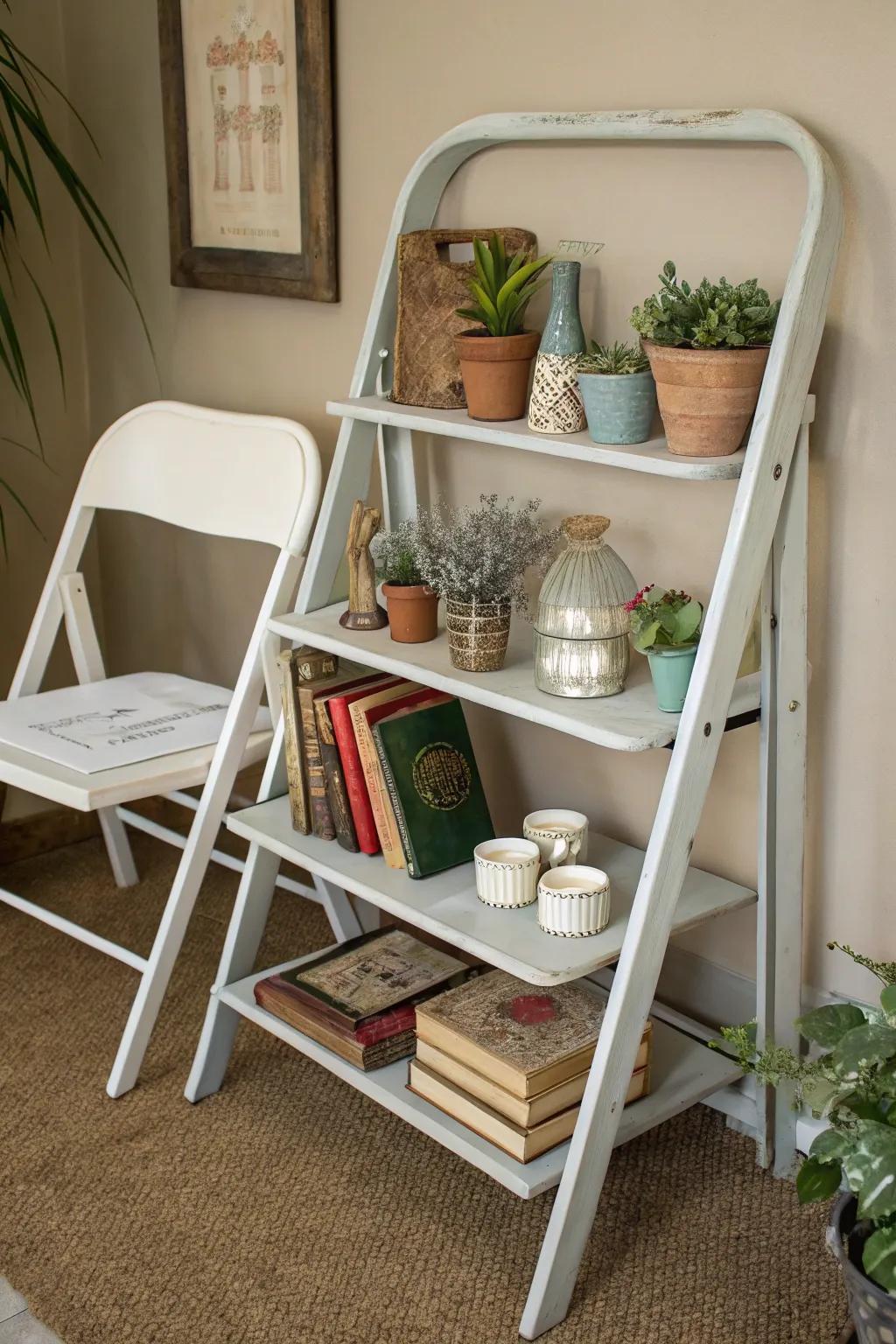 Turn folding chairs into a unique shelf on the wall.