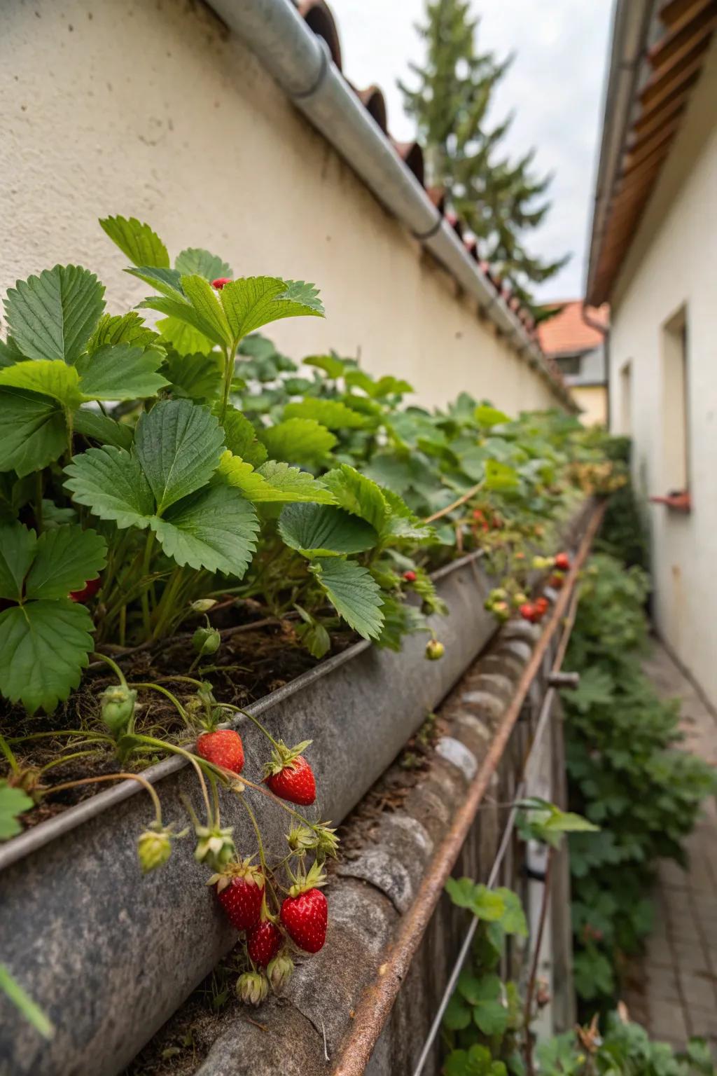 Guttering used creatively for strawberry planting.