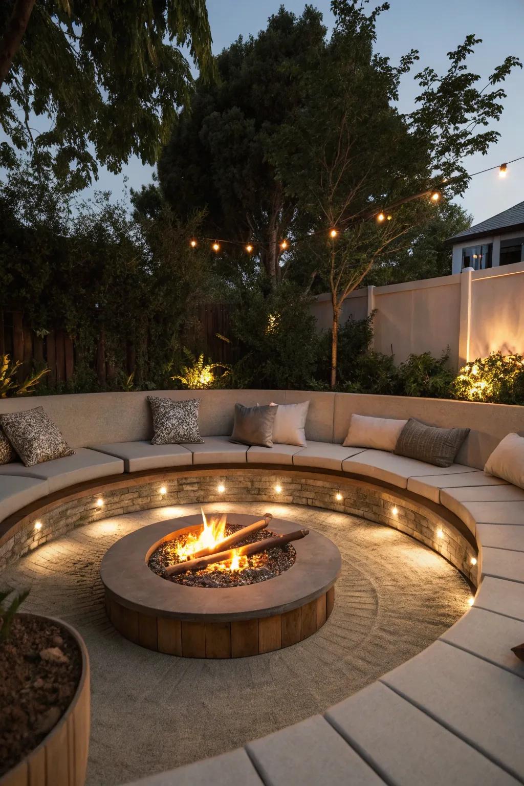Hidden illumination adds elegance to this recessed fire pit.