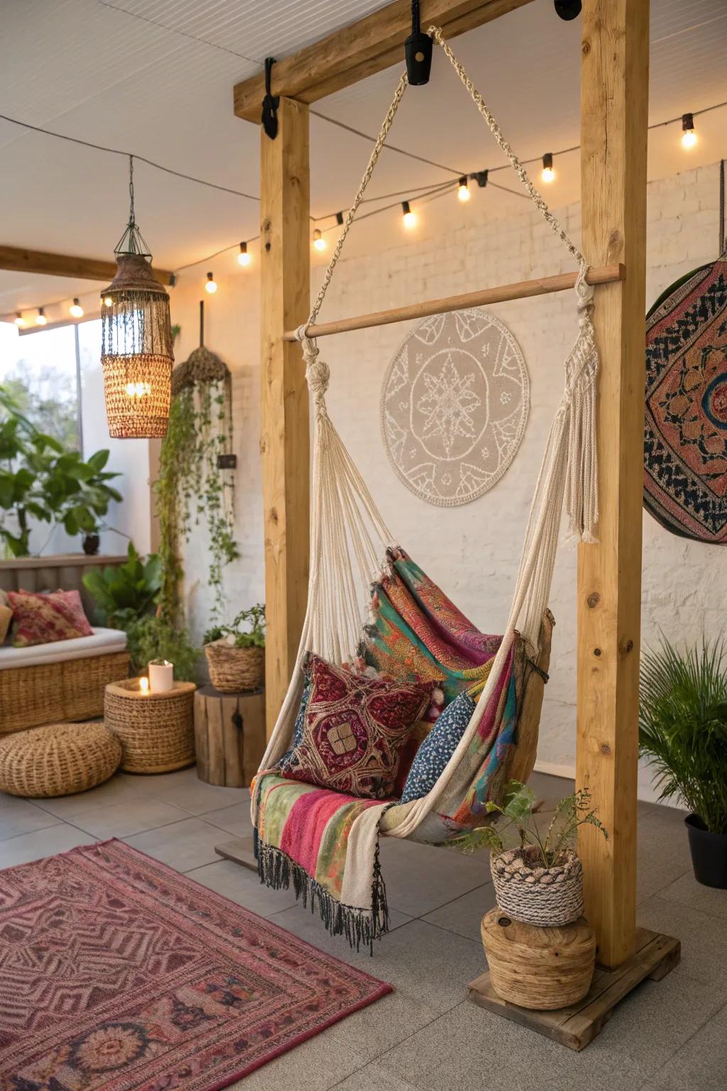 A hammock swing offers a bohemian retreat.