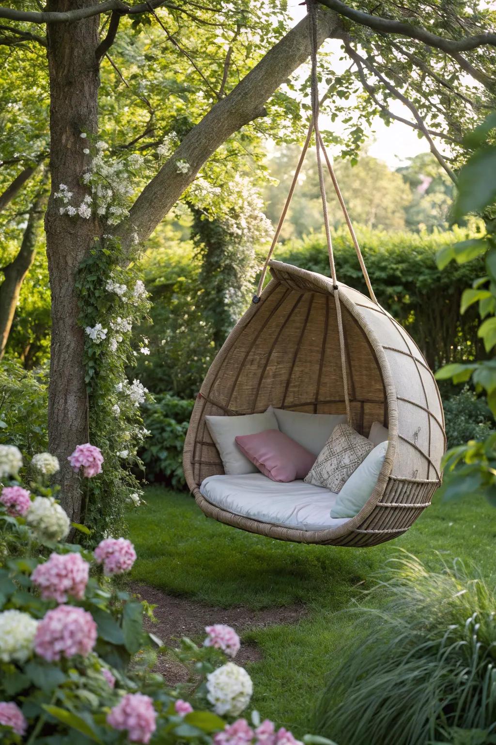 A swing pod extends a private escape within the backyard.