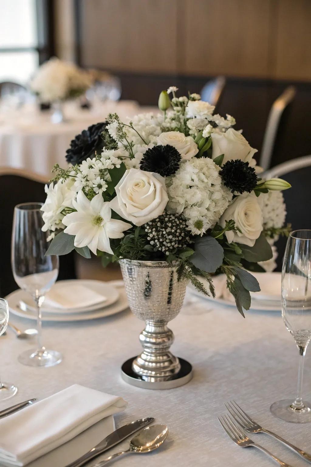 A sophisticated single-shade centerpiece with all-ivory flowers.