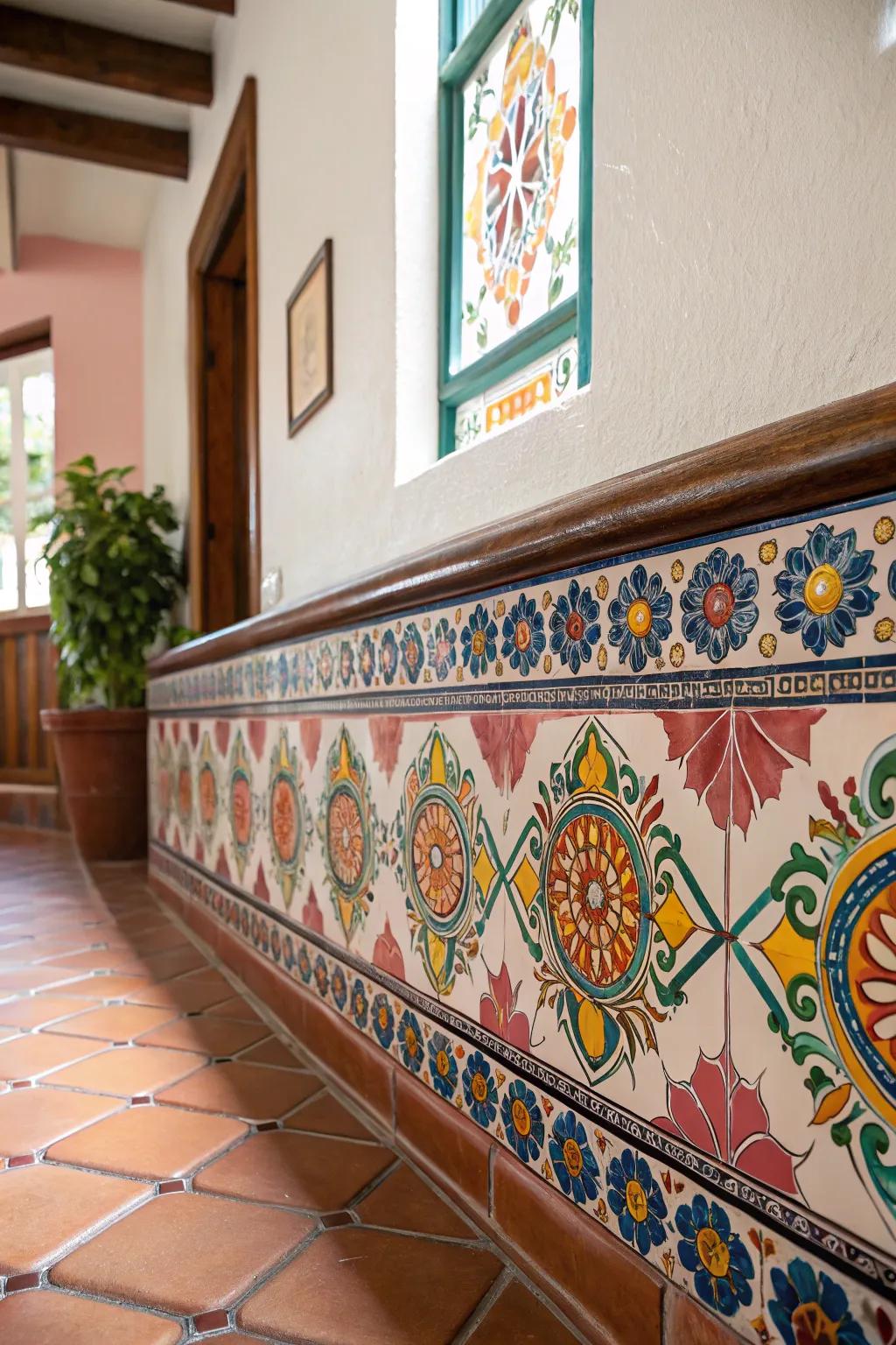 Elevate your interior with a chic Majolica mosaic wall trim.