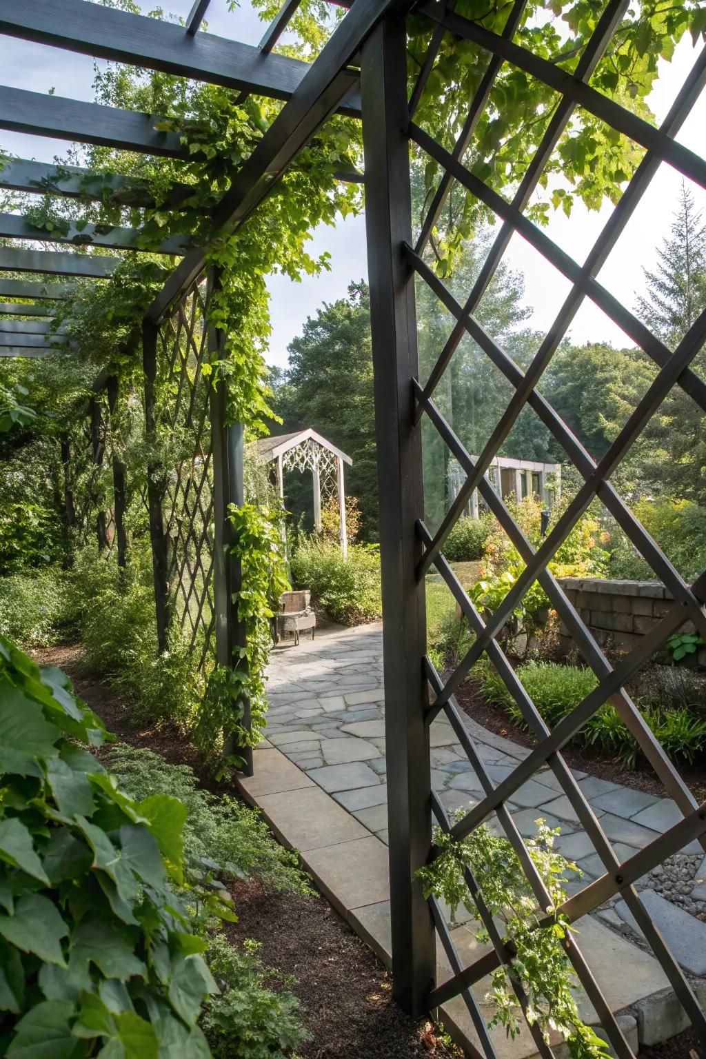 Reflective trellises generating a spatial illusion and enhancing privacy.