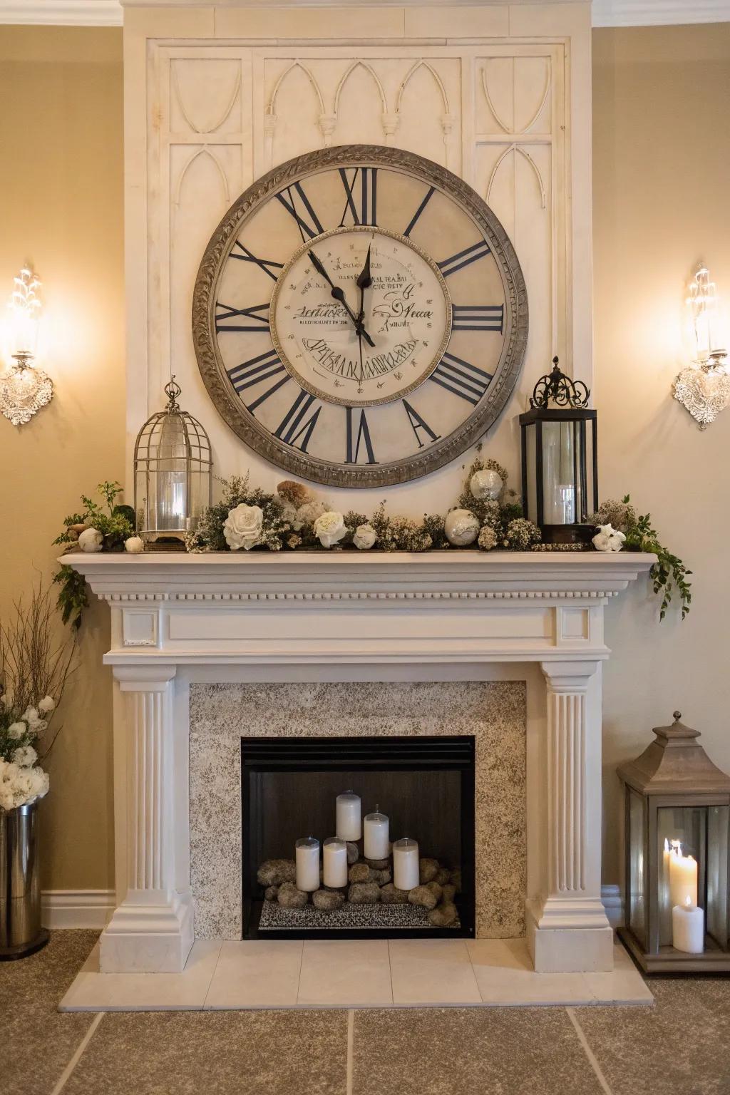 A high mantel featuring a statement timepiece for both style and function.