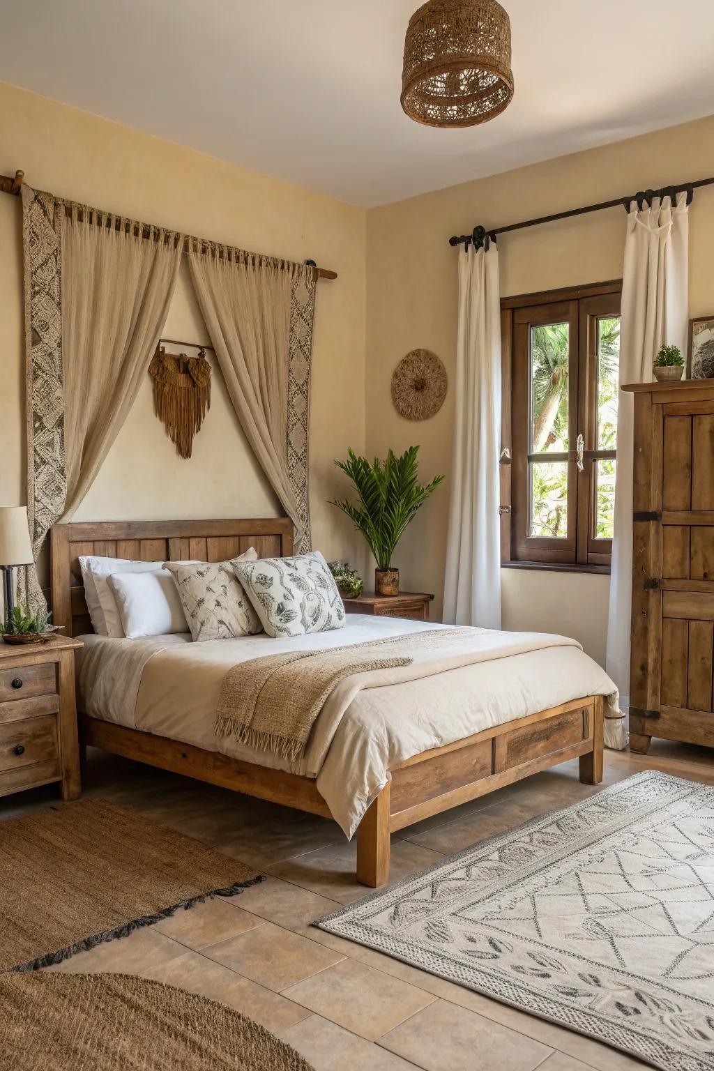 The tan bedroom's design and conscience are enhanced by eco-friendly features.