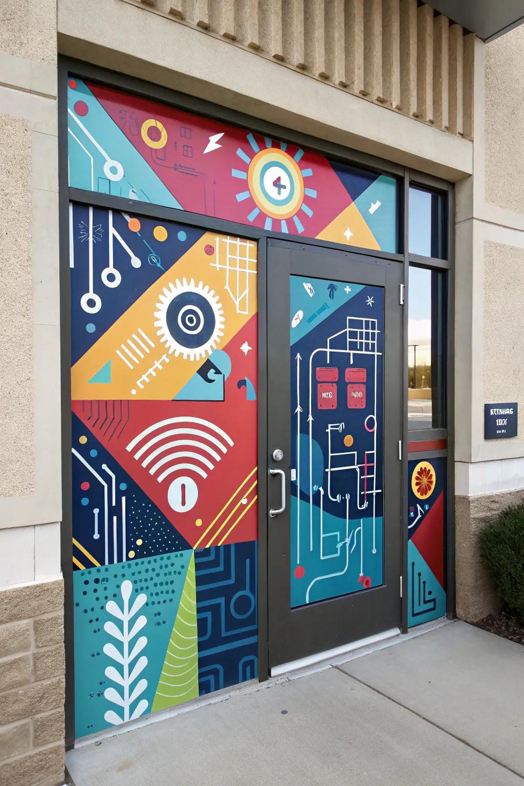 A door transformed with a vibrant tech art mural.