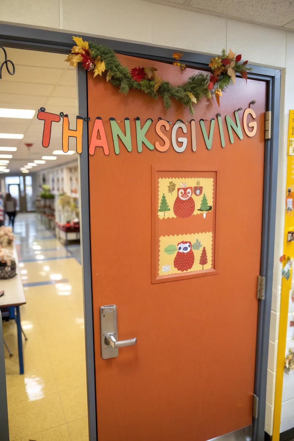A charming Gobble Bunting door exhibit featuring miniature turkeys.