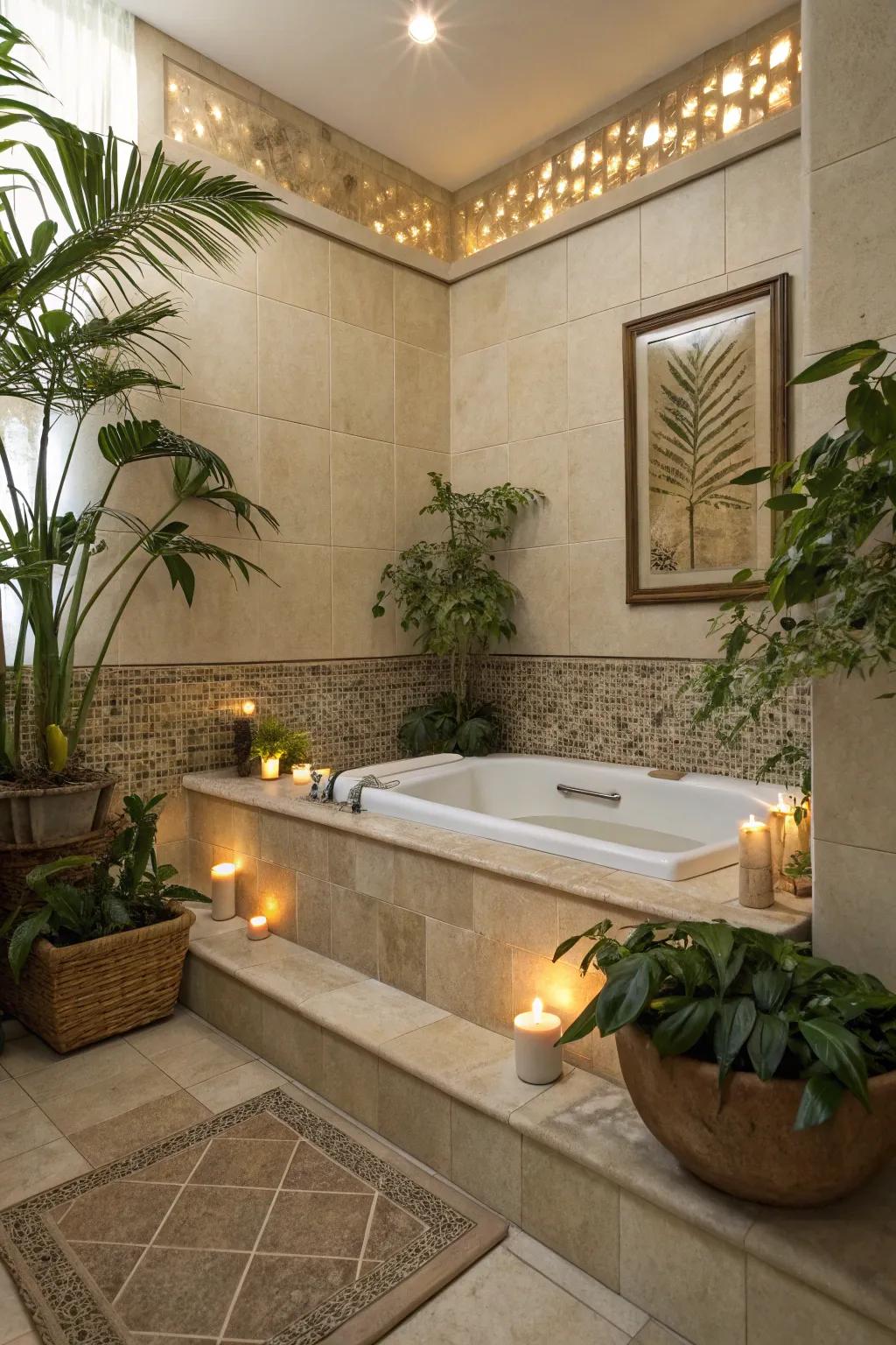Neutral tiling and organic accents create a spa-like retreat in your bathroom.
