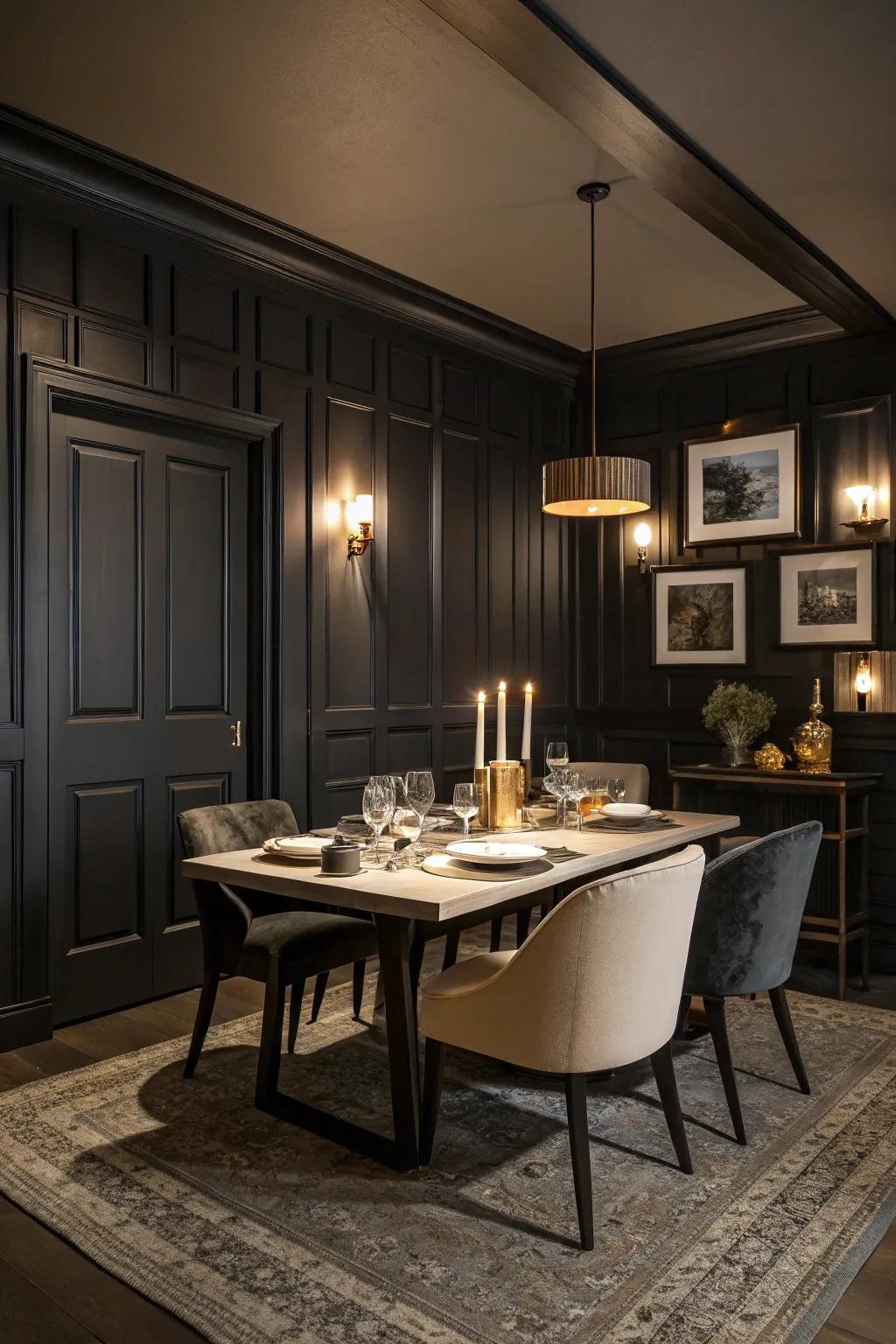 A dining space enhanced by the dramatic depth of dark shiplap walls.