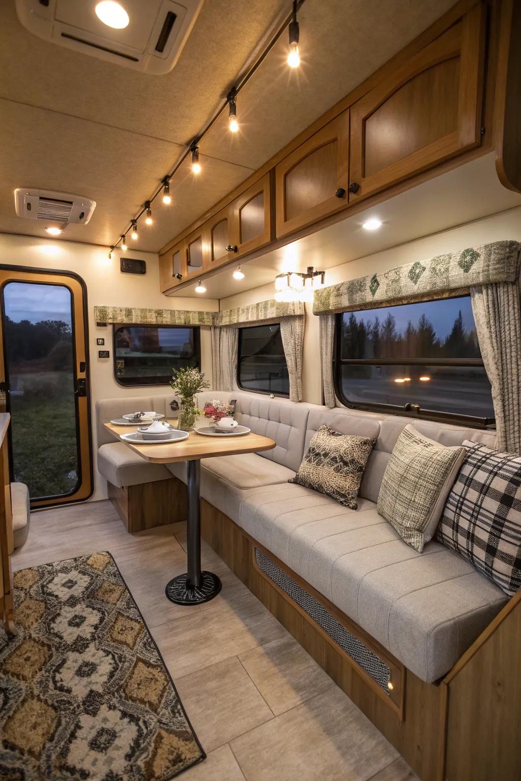 This travel trailer has a cozy bench setup, perfect for eating and relaxing.