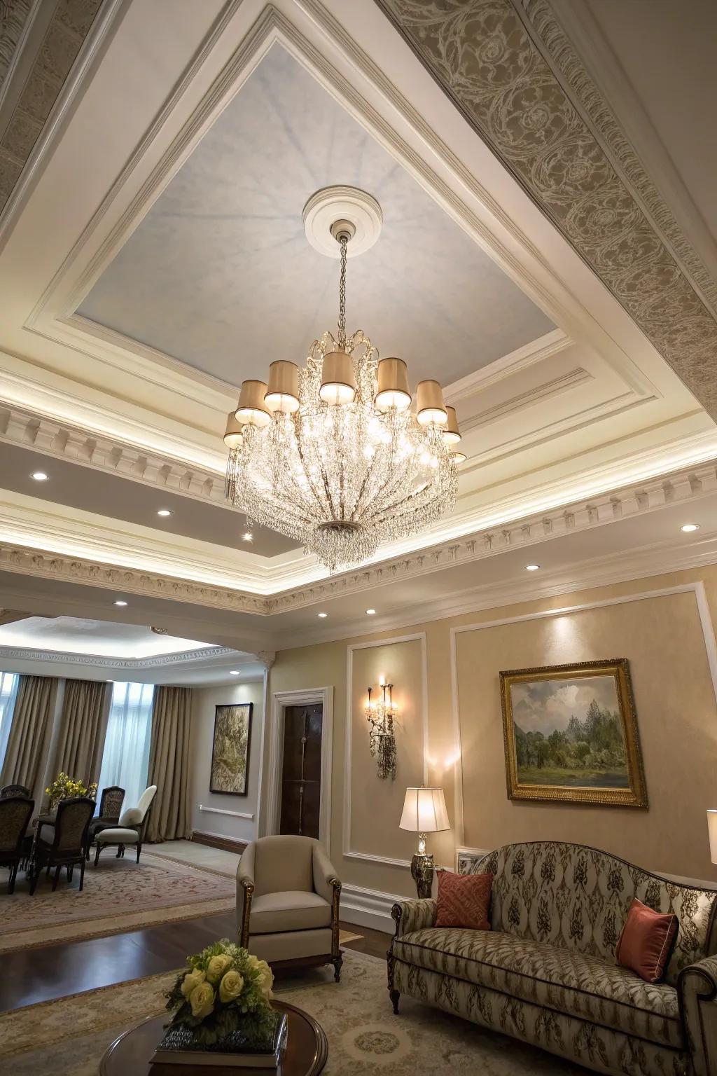 A sophisticated room enriched by a tray ceiling showcasing tiered crown detailing.