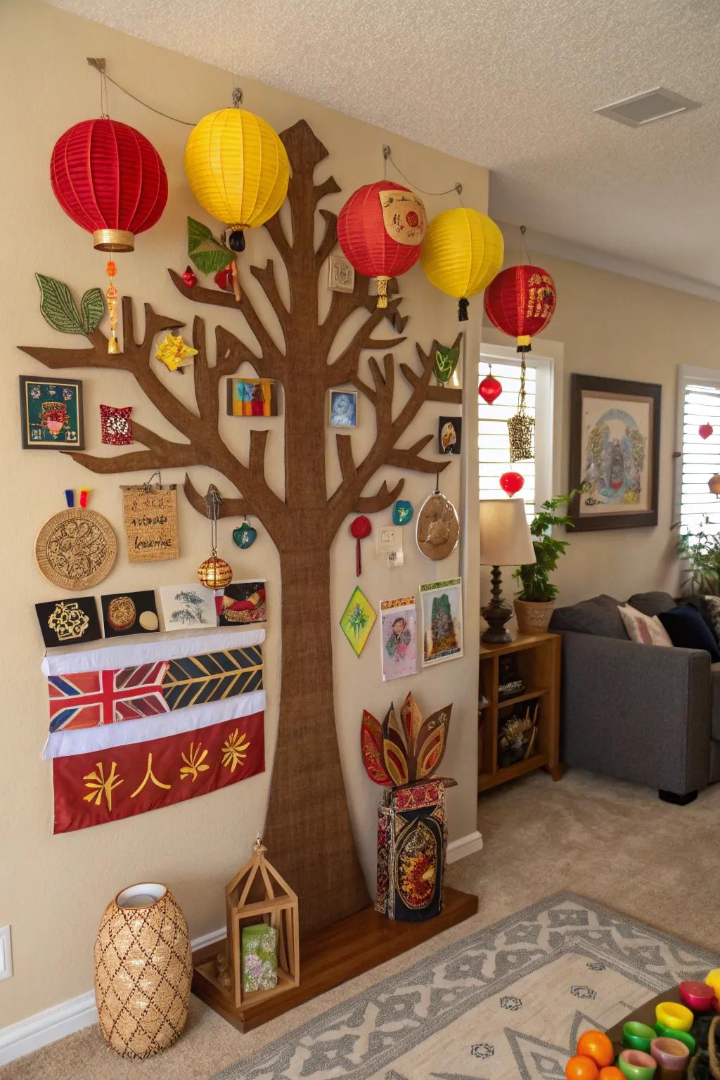 A cultural festivity tree notice board featuring diverse symbols.