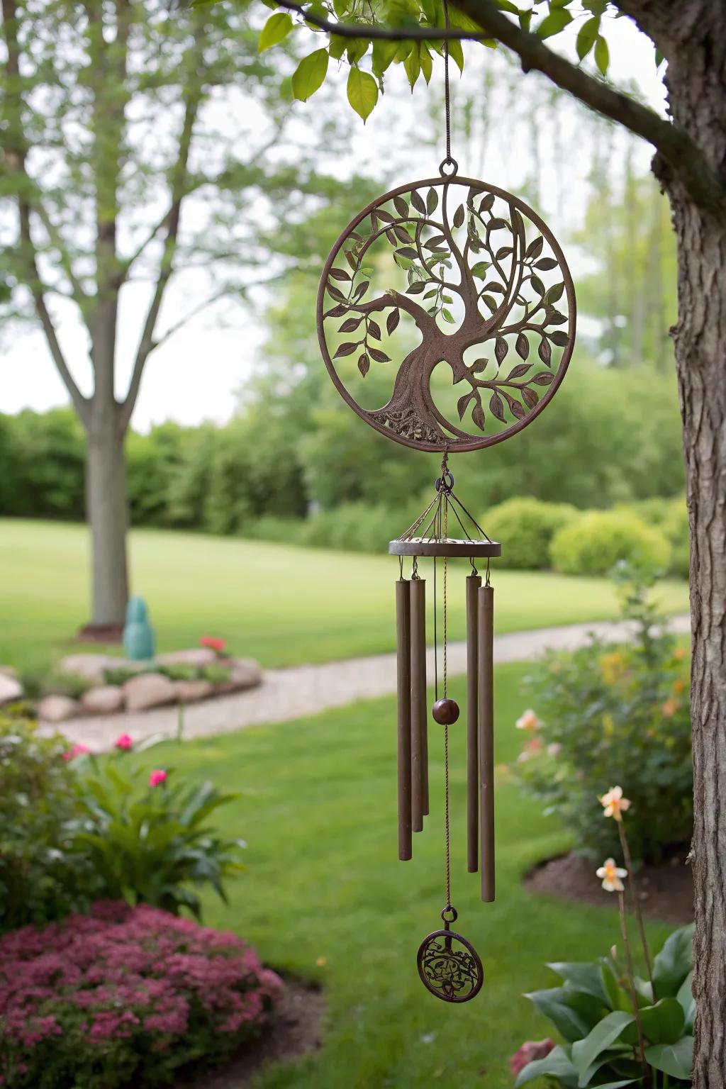 Arbor Vitae wind chime brings tranquility to a peaceful garden.