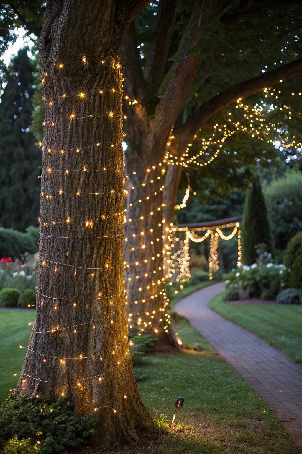 Mesh lights transform tree trunks into a sparkling wonderland.