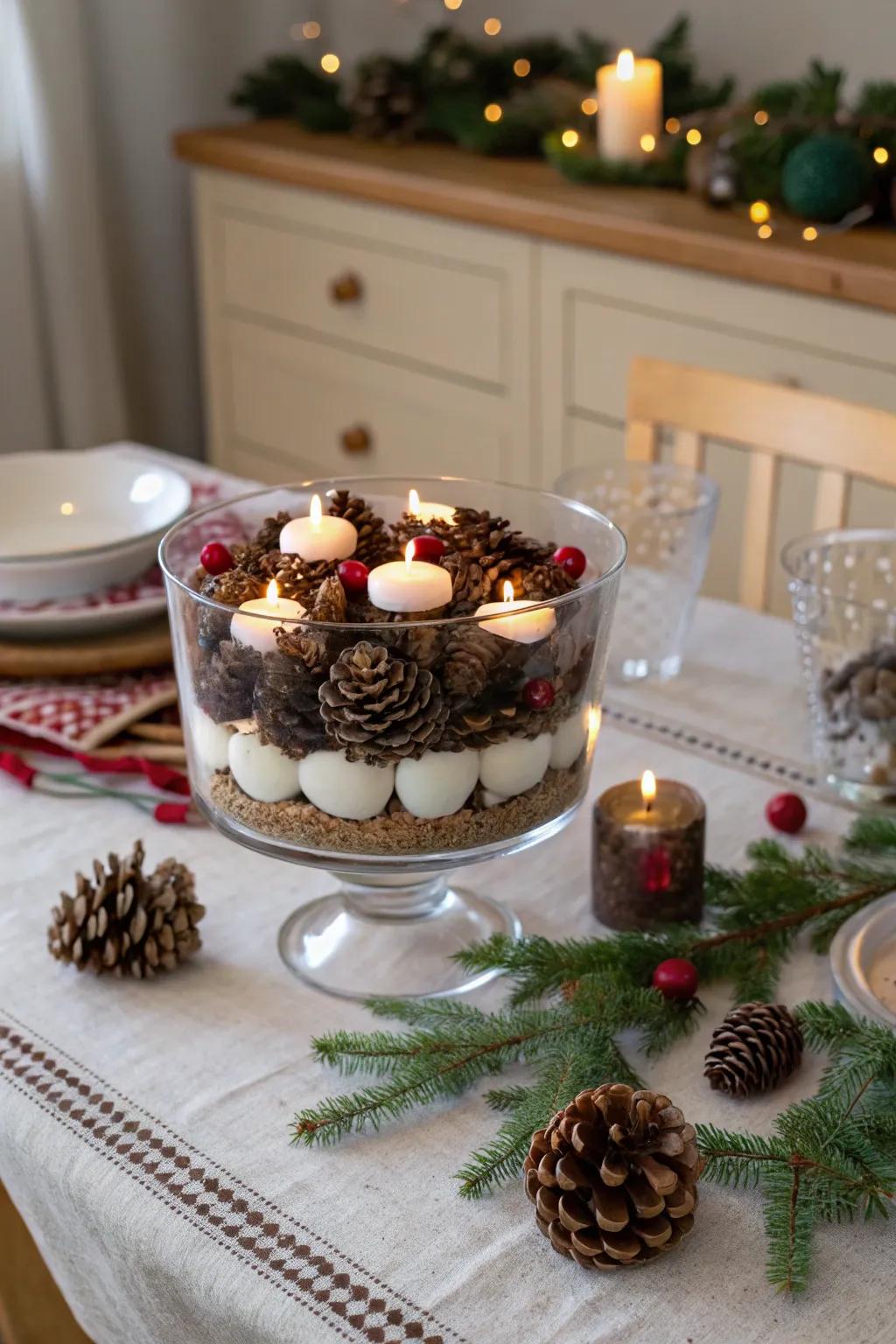 A presentation bowl establishing a cozy winter ambiance using candles.