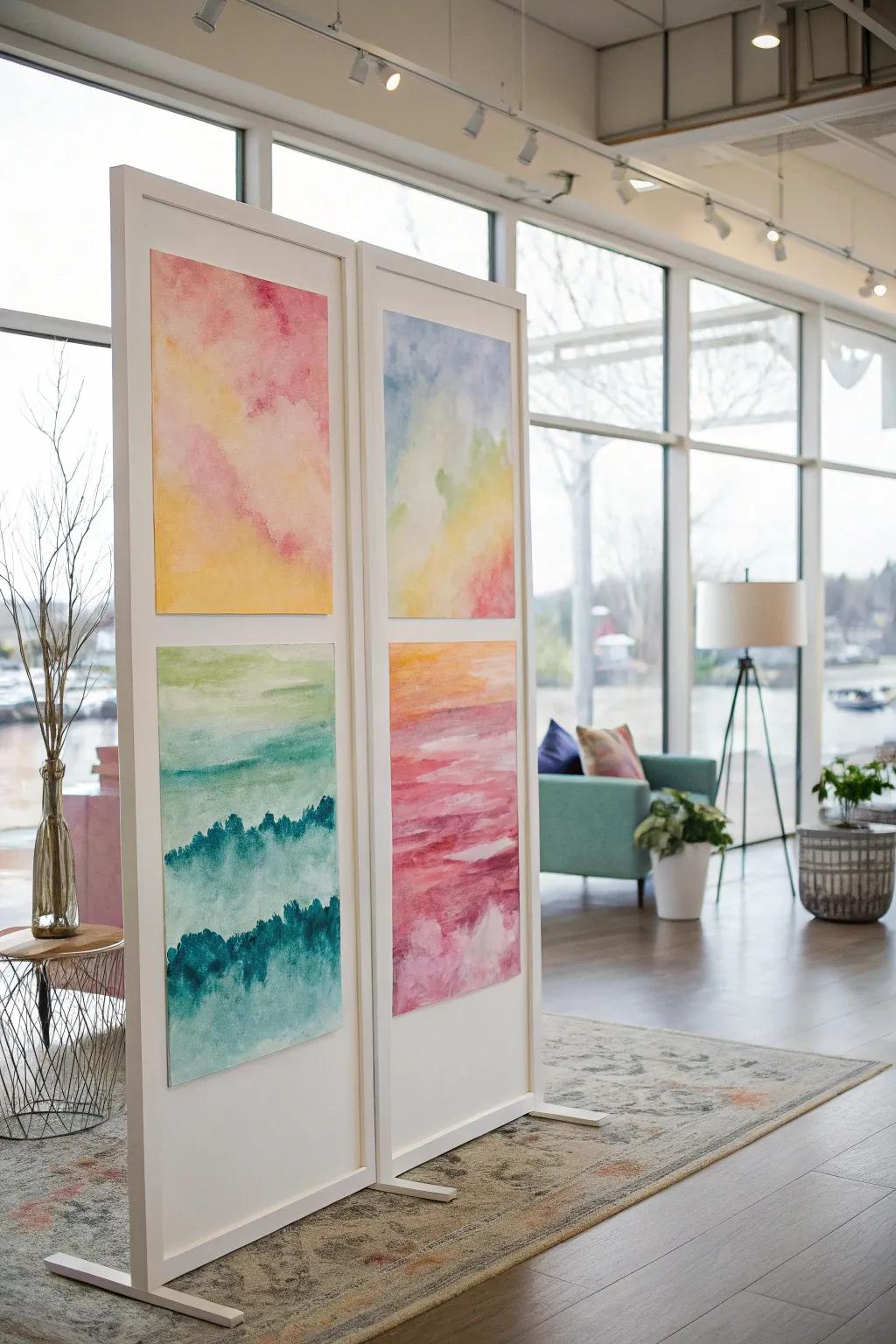 Soft watercolor triptych art for a soothing atmosphere.