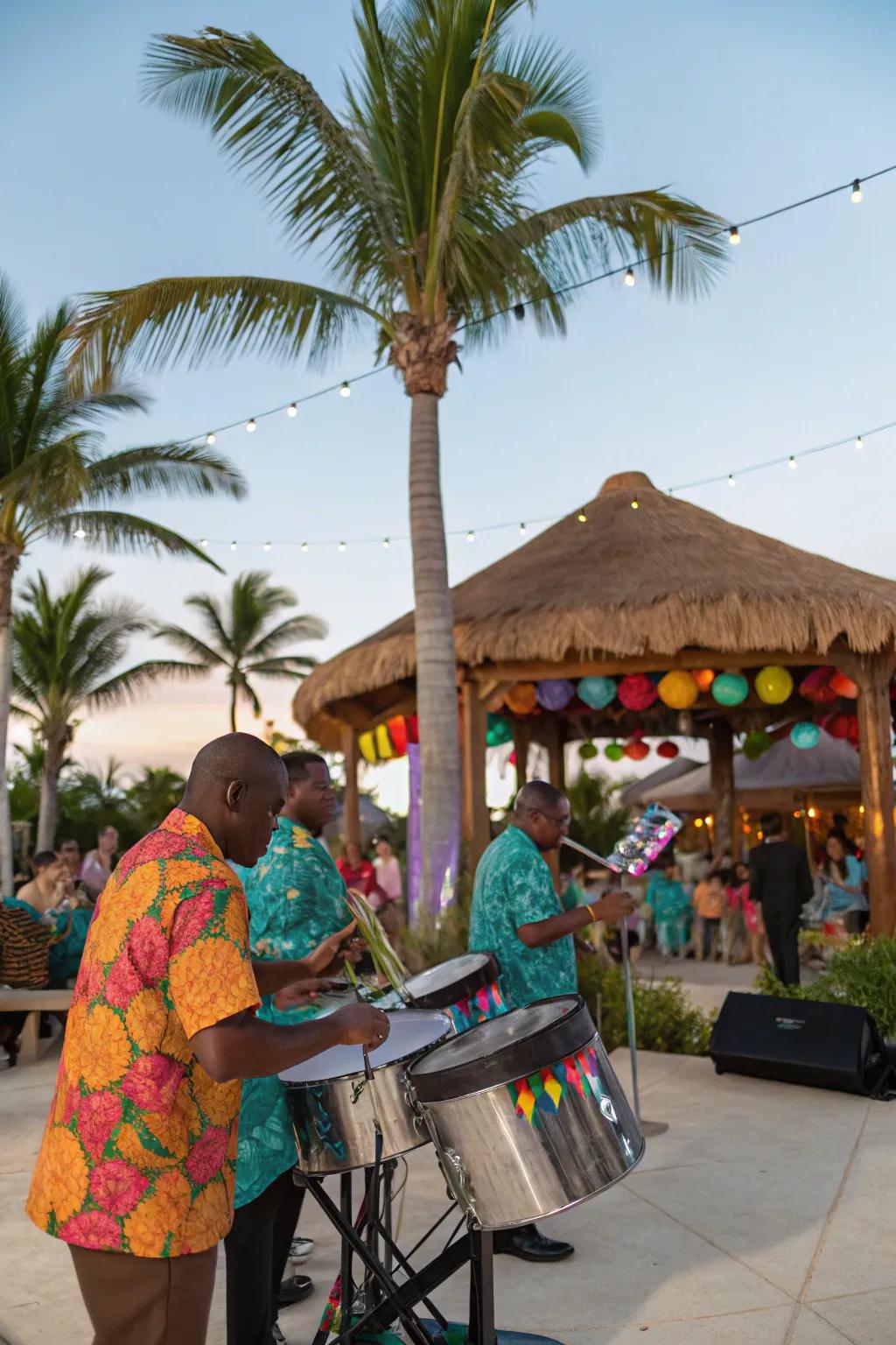 Live music from a steel drum band establishes the atmosphere.