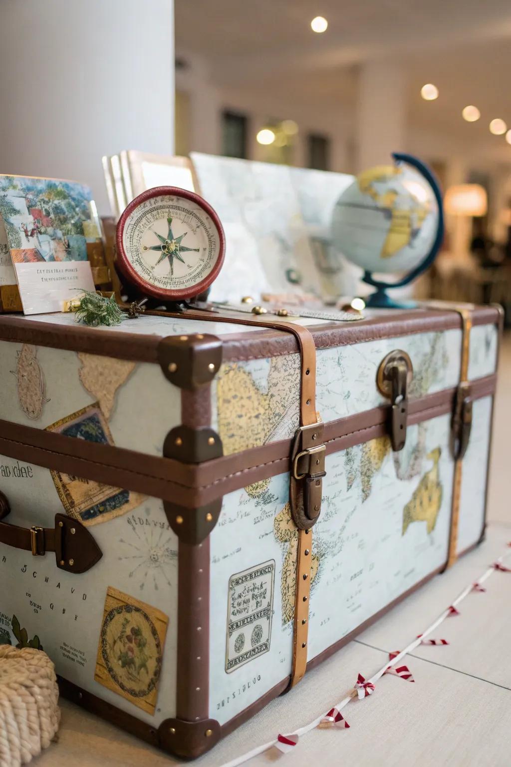 A trunk transforms into a themed decorative piece, celebrating travel adventures.