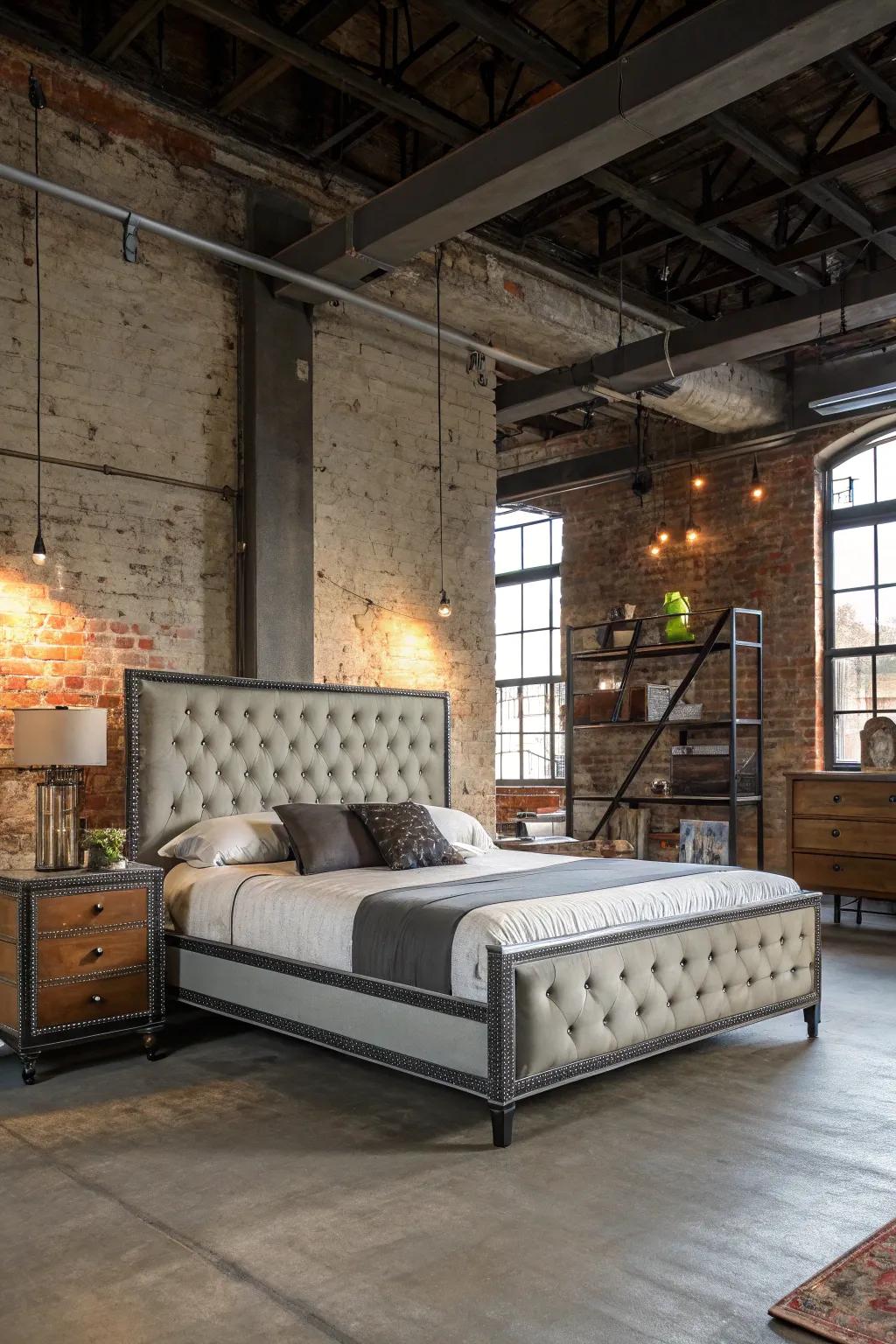 An industrial bedroom showcasing a unique tufted headboard.