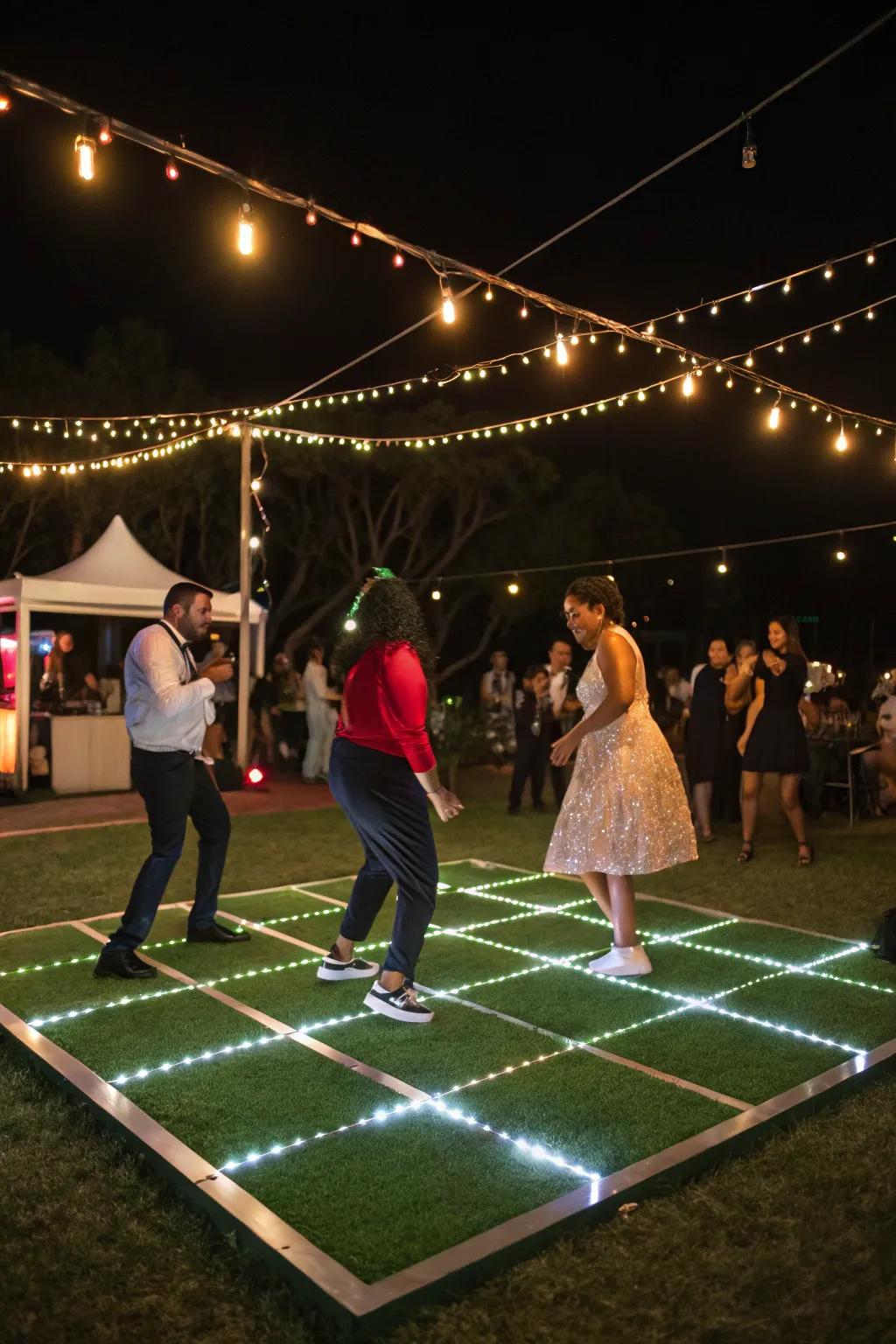 A playful dance floor set on turf for outdoor parties.