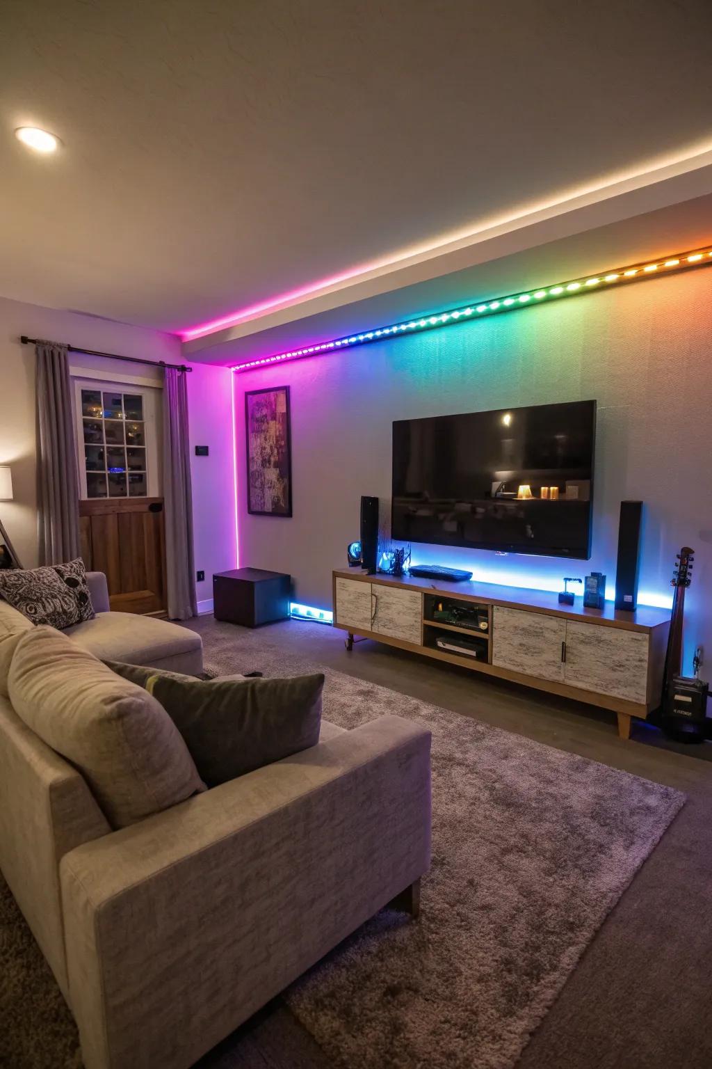 Dynamic LED strips deliver a vibrant, modern touch to this TV feature wall.