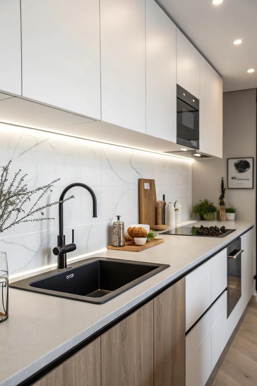 A minimalist kitchen showcasing a streamlined current undermount sink.