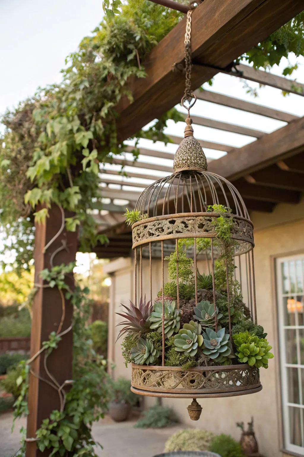 An ornamental birdcage serves as an elegant focal point for succulents.