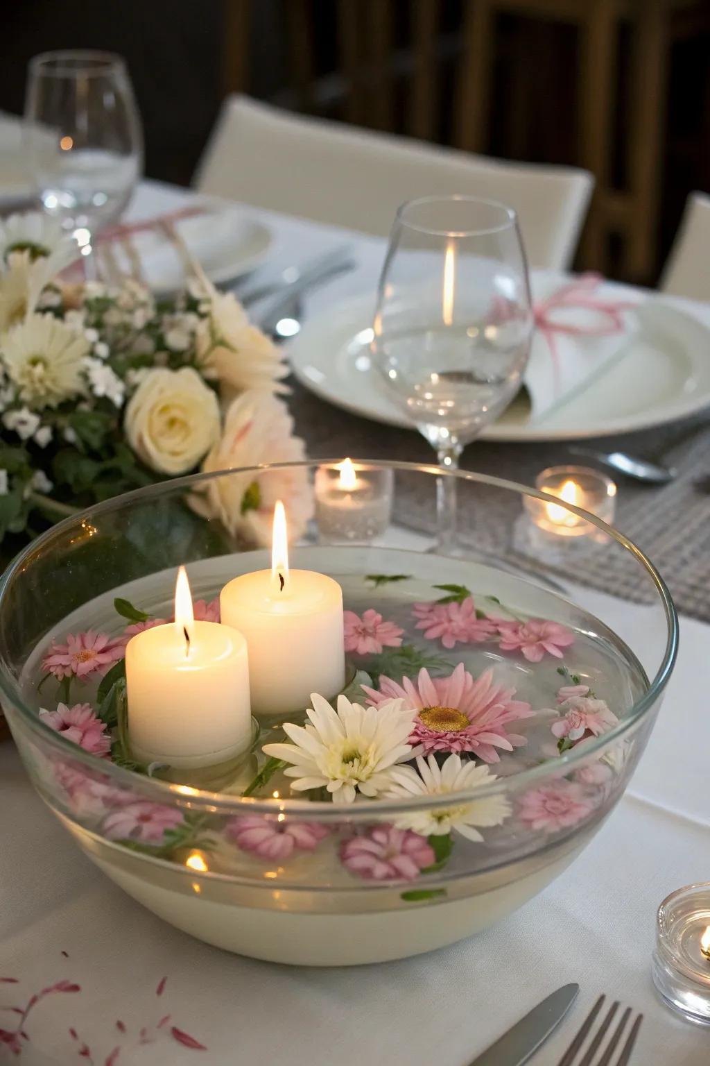 Floating lites and blossoms create a peaceful atmosphere.