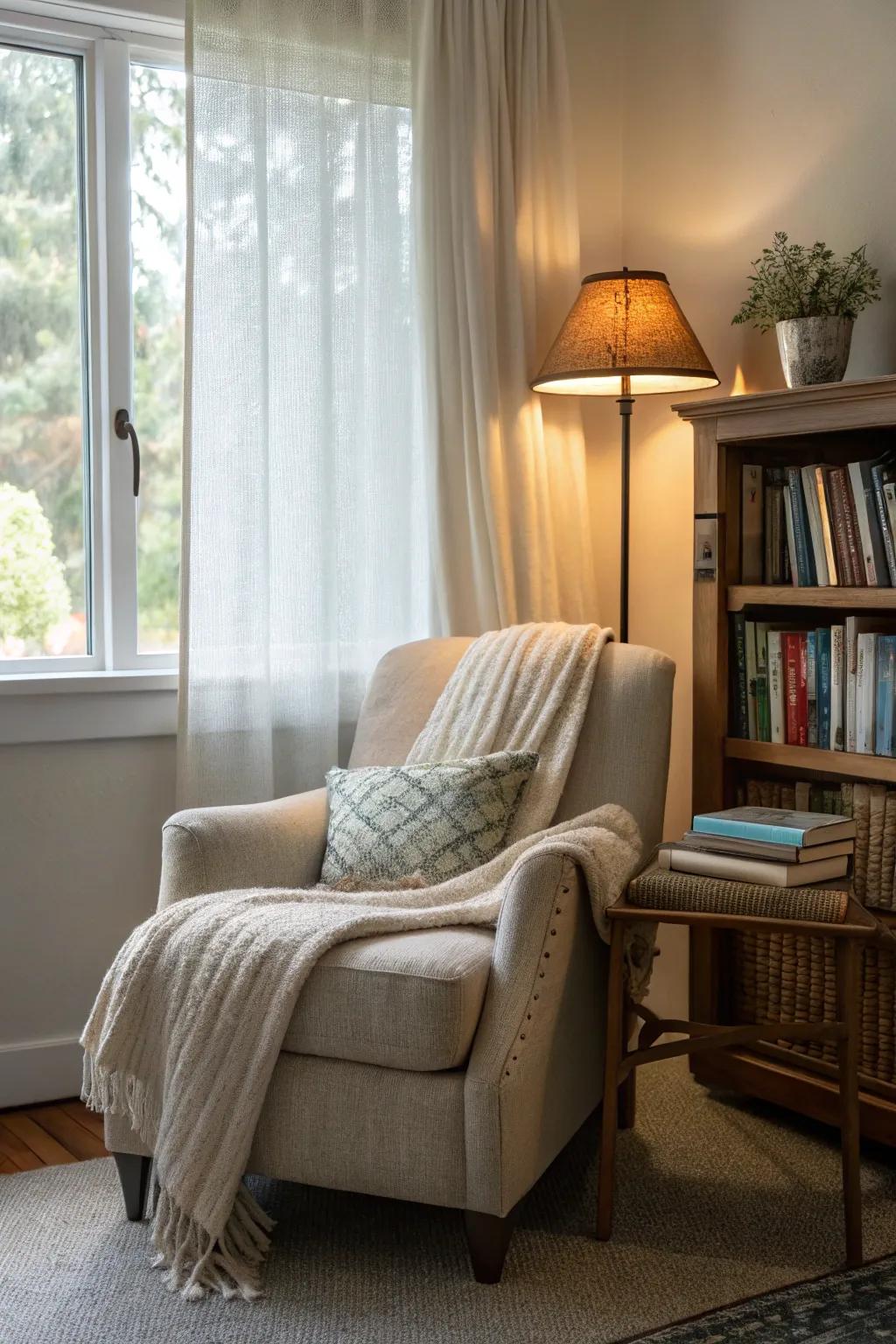 A snug reading space provides a peaceful retreat.