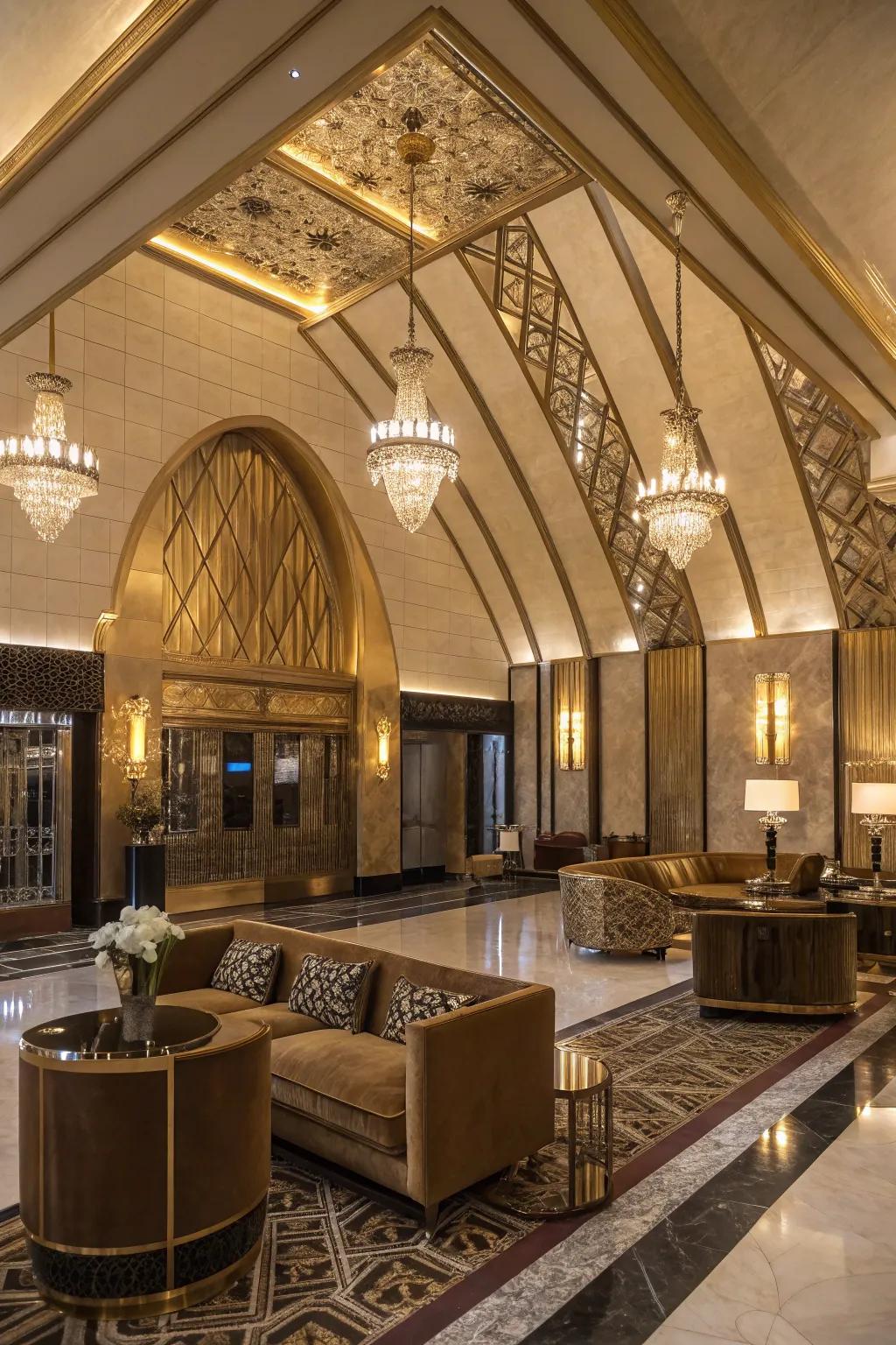 Glamorous Era influence displayed through beams with defined inclinations on a vaulted ceiling.