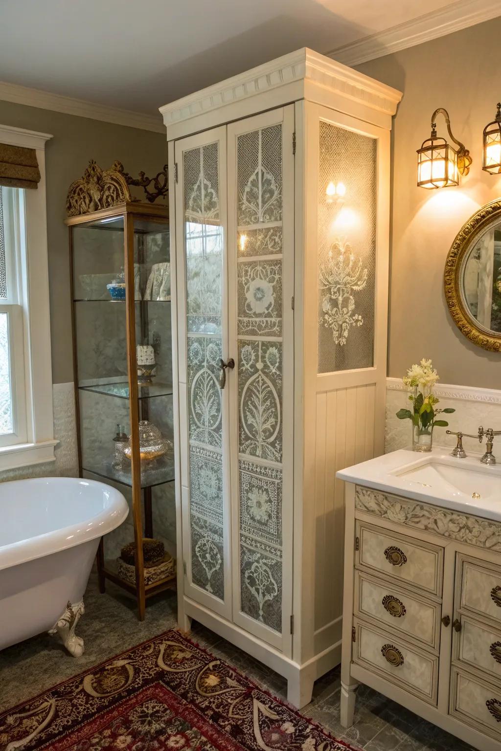 Inscribed glass cabinets merge capacity with beauty.
