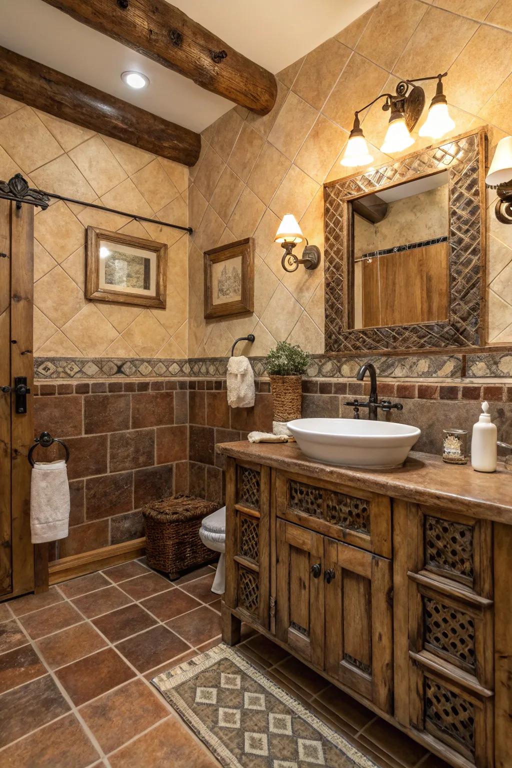 Distressed tiles bring character and an antique feel to the bathroom.