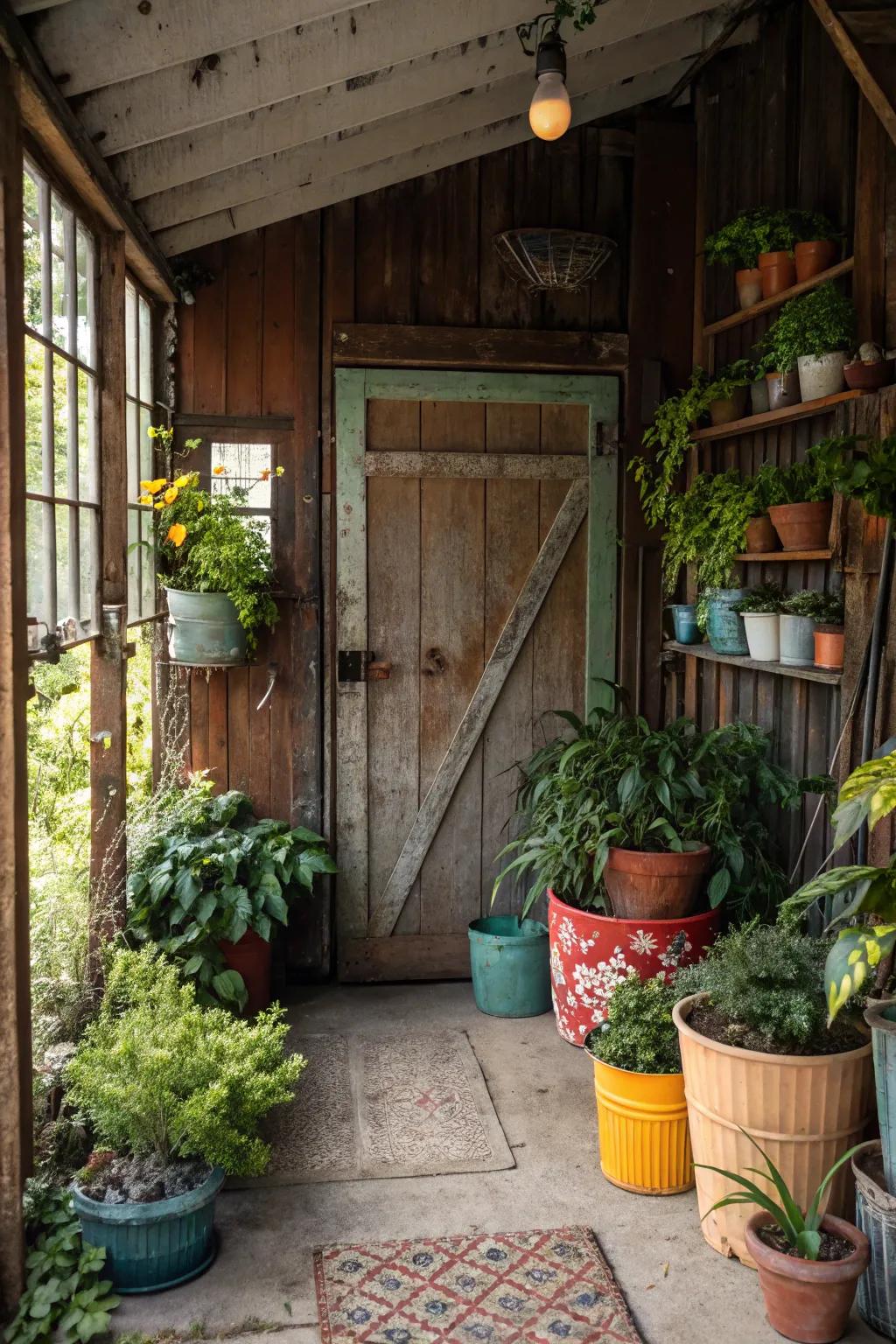 Greenery in retro containers adds a fresh, lively element.