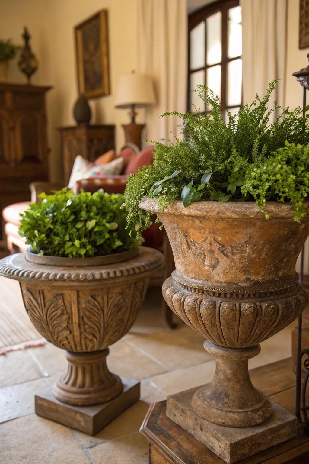 Vintage pots bring nature indoors.