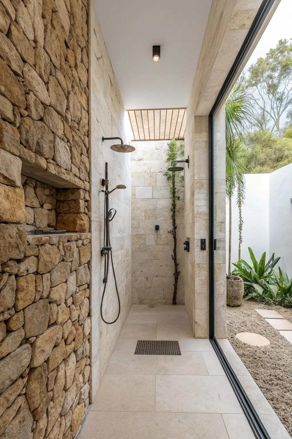 Shower featuring organic stone dividers and an open design.