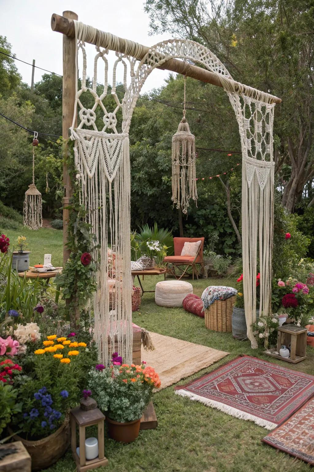 Macramé arches contribute a hint of bohemian bliss and creativity to gardens.