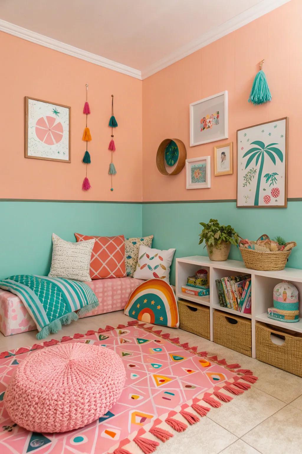 Playful and cheerful featuring nectarine walls and turquoise trim.
