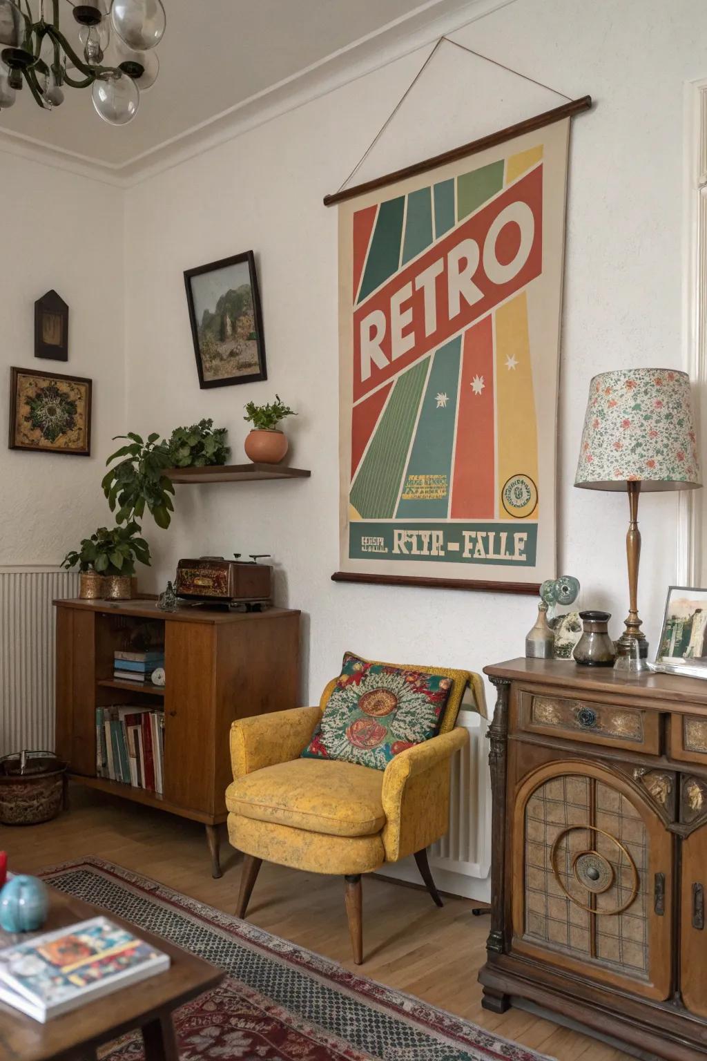 Retro posters bring a hint of vintage charm.