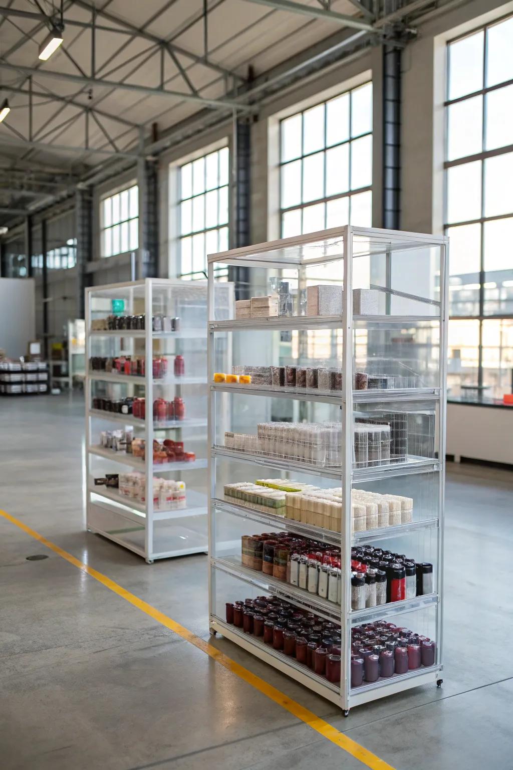 Transparent racking provides visibility while maintaining a sleek look.