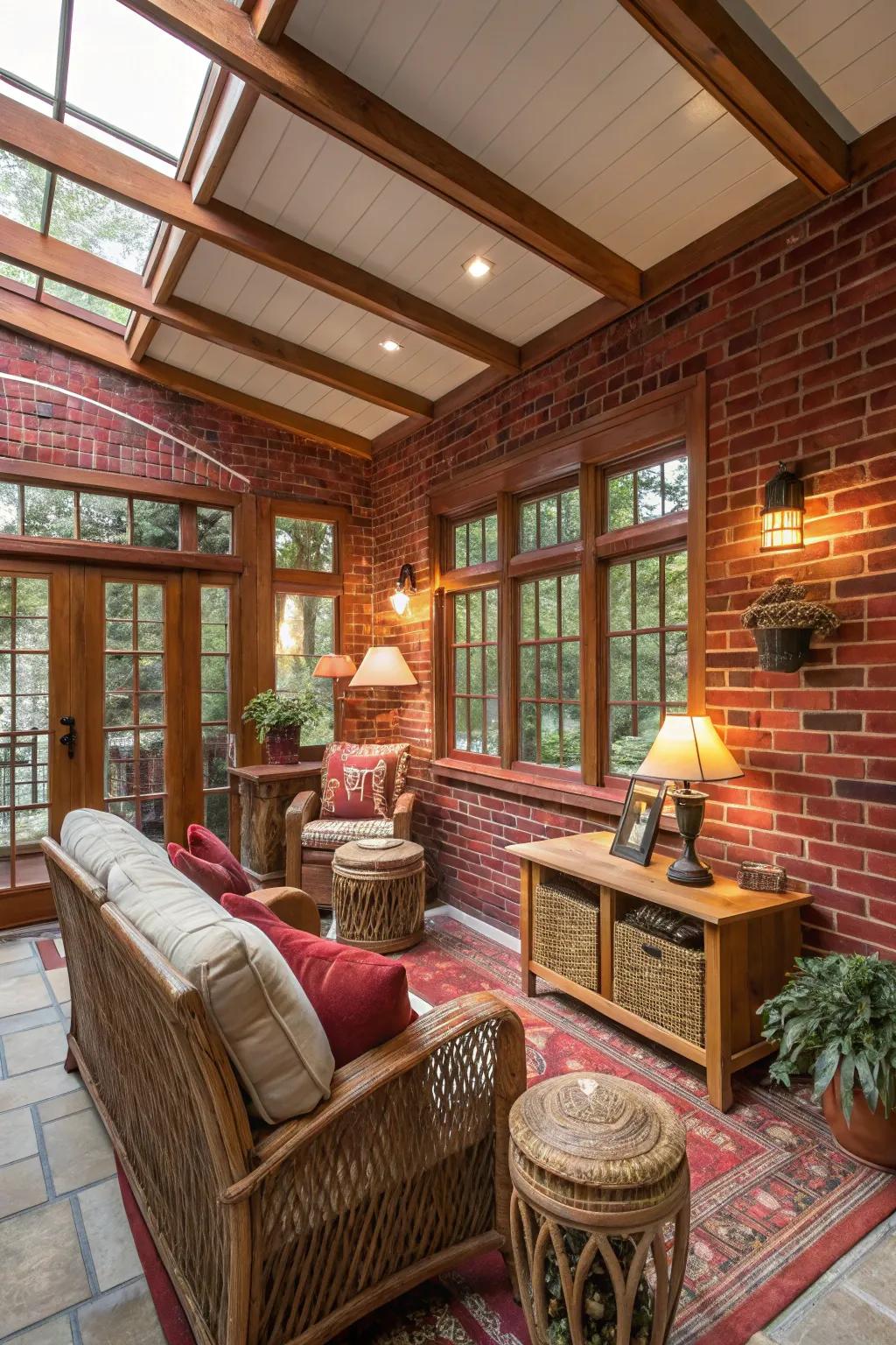 Sunroom with clay red walls, presenting rustic warmth and charm.
