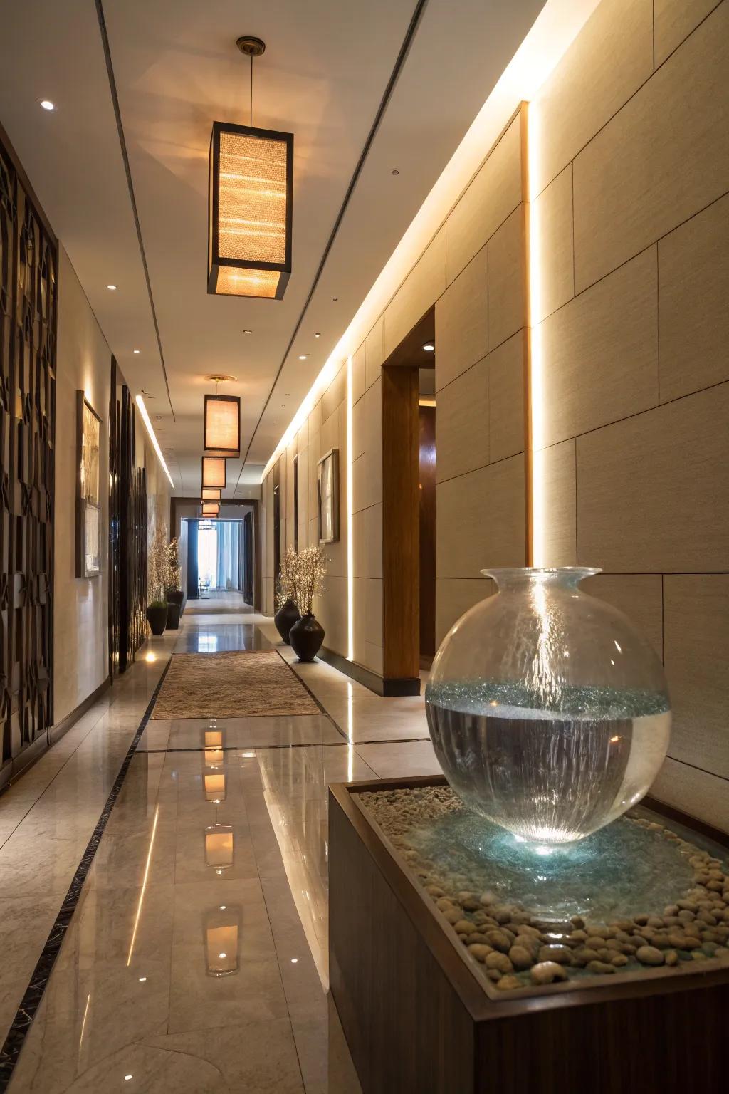 A glass water sculpture delivers elegance and intrigue.