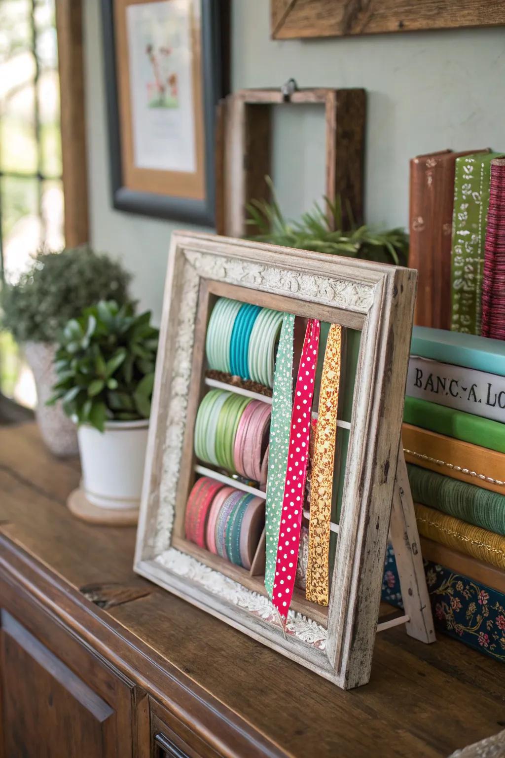A reclaimed photo surround that creatively presents ribbons.