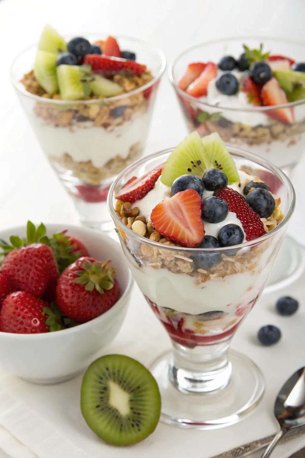A nutritious and visually appealing yogurt parfait featuring fresh fruit and granola.